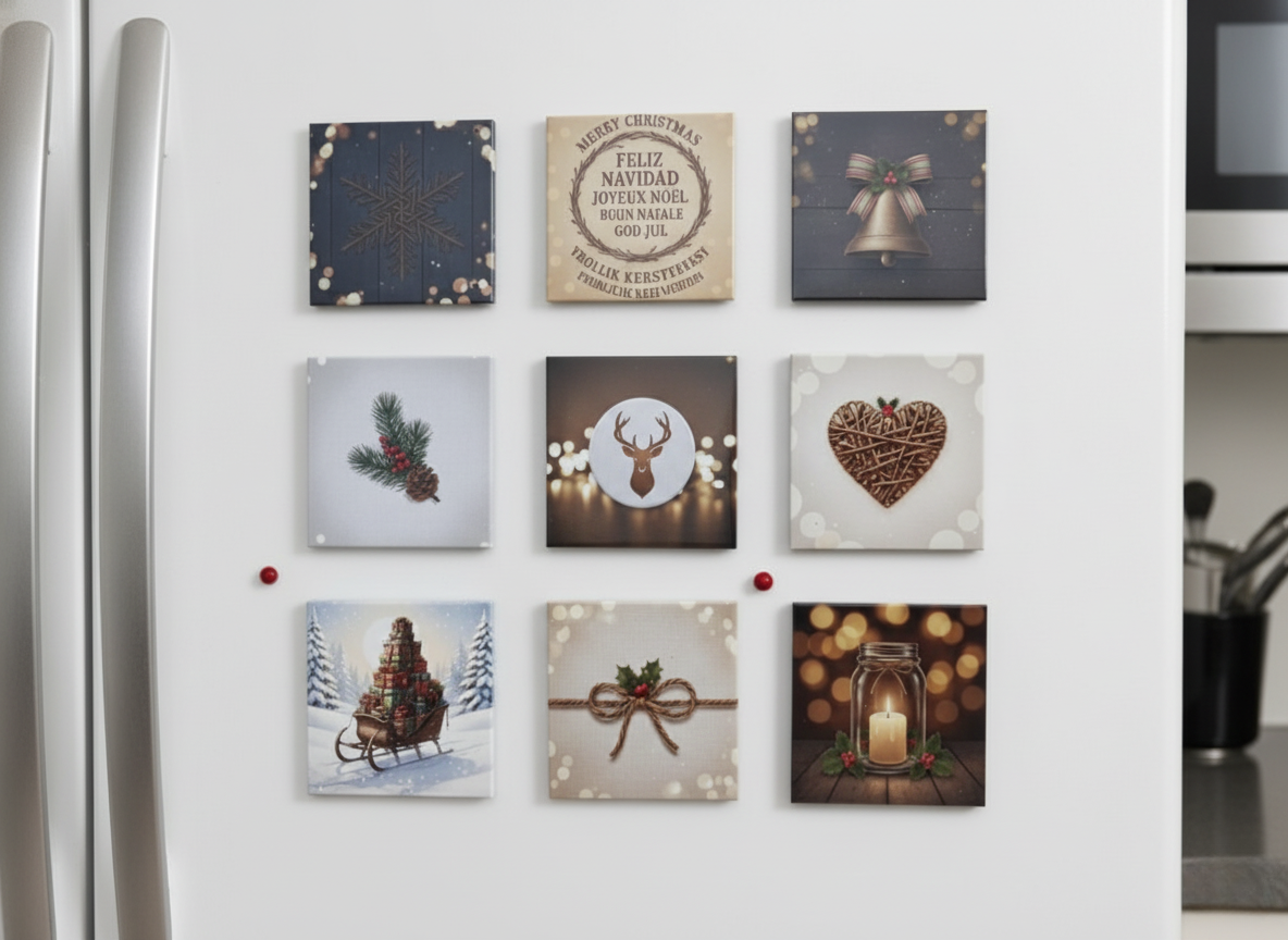Rustic Christmas Magnet Set – 5 × 5 cm Square Magnets (Set of 9)
