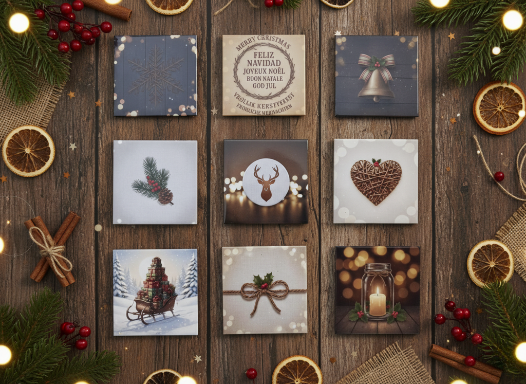 Rustic Christmas Magnet Set – 5 × 5 cm Square Magnets (Set of 9)