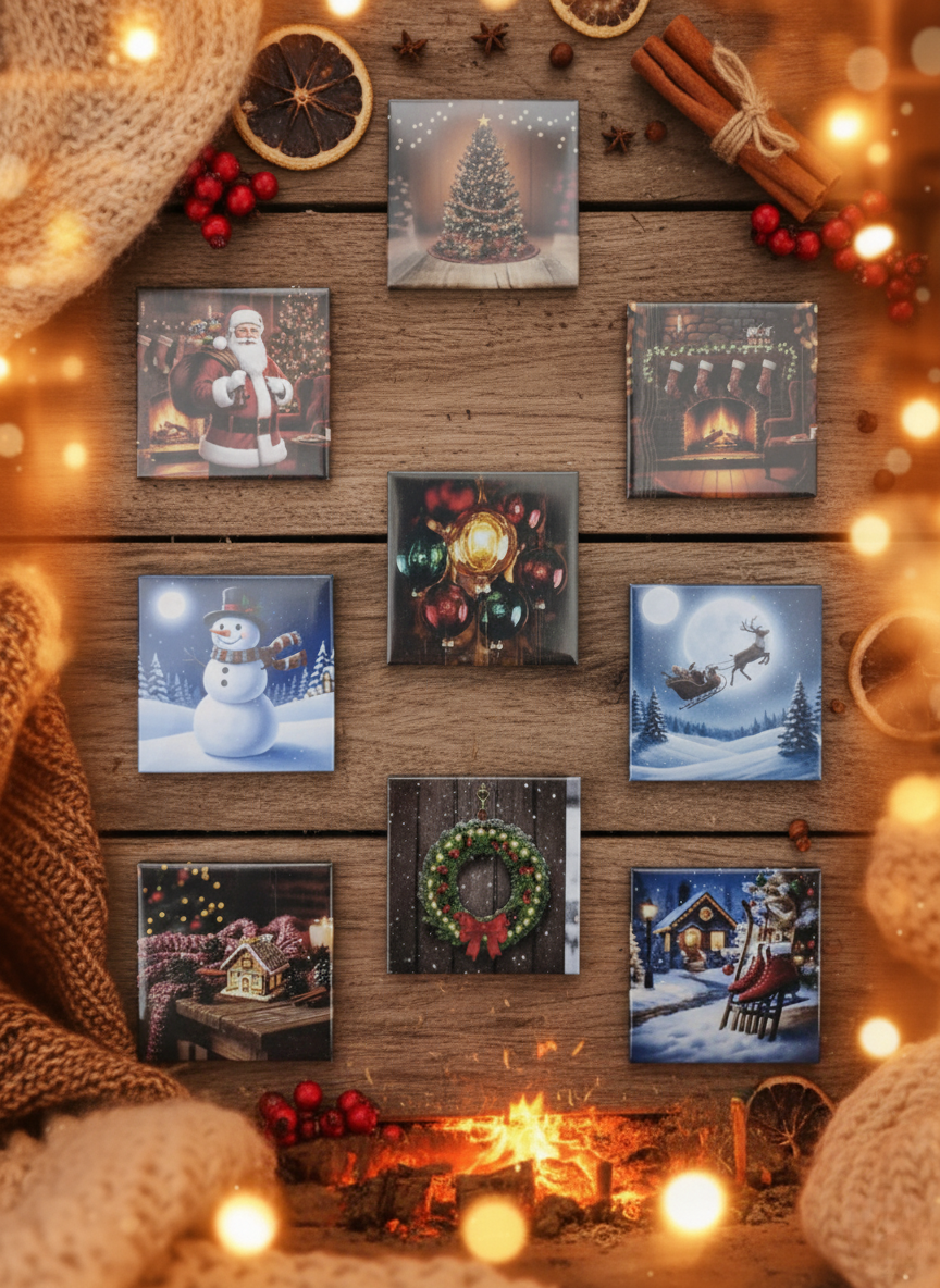 Cozy Christmas Magnet Collection – 5 × 5 cm Square (Set of 9)