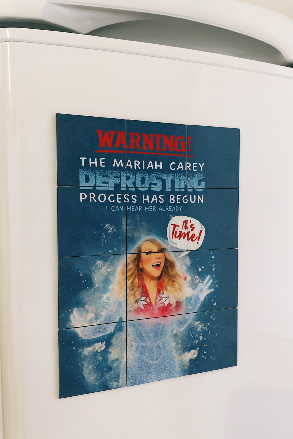 Holiday Humor Magnet Puzzle – Mariah Carey Defrosting - 9 Piece Set (5×5 cm)