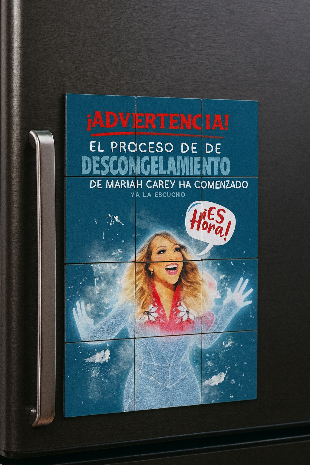 Holiday Humor Magnet Puzzle – Mariah Carey Defrosting - 9 Piece Set (5×5 cm)