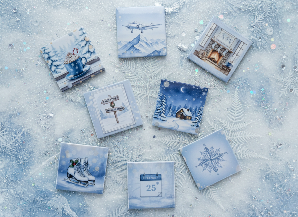 Winter Travel Memories Magnet Collection – 5 × 5 cm Square (Set of 9)